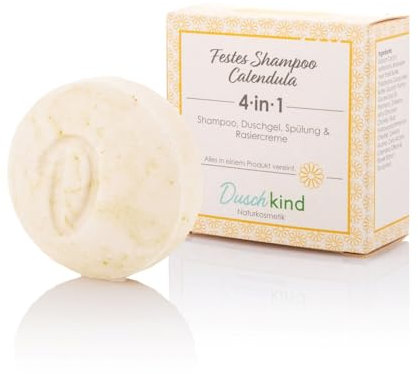 Duschkind Shampoing solide au calendula - parfum hypoallergénique - utilisable comme shampoing & gel douche & après-shampooing & crème à raser - formule végétalienne - emballage recyclable