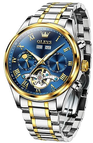 OLEVS Mens Automatic Watches Skeleton Tourbillon Self Winding Diamond Luxury Dress Wrist Watch Stainless Steel Waterproof Luminous Moon Phase Day Date, 7005：Two tone band & Blue dial, Automatic