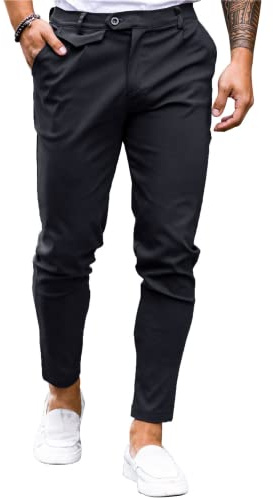 Feziakuk Pantaloni chino da uomo in cotone slim fit pantaloni in tessuto casual elasticizzati pantaloni slip-on da uomo, Nero , XL