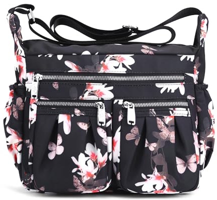 SODOLLEE Femme Sac à Bandoulière Impression de Mode Sac Bandoulière Léger Sac de Messager Plusieurs Poches Nylon Sacoche Achats Sac Porté Travers Fleur E