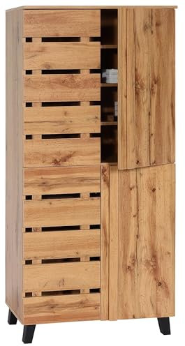 Mendler Schrank HWC-M46, Highboard Regalschrank Garderobenschrank Hochschrank, 4 Türen 8 Staufächer, 162x80x32cm, naturfarben