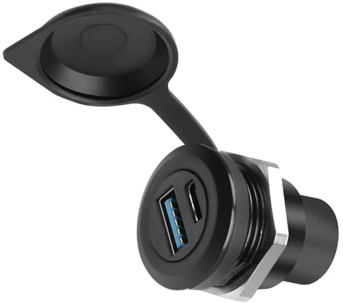 QIANRENON USB3.0 & USB C 3.1 Gewinde Befestigung Runder Anschluss USB3.0+USB Typ C 3.1 Buchse auf Buchse Eingebettet Panel Montage 2 Port Adapter, Staubschutzhülle, Montage im Device Panel Dashboard