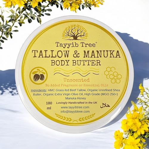 Premium Tallow and Shea Body Butter With Manuka Honey, & Organic Olive Oil, Calendula Infused – Natural Skincare for Sensitive, Dry Skin, Acne, Eczema, Psoriasis (250ml, Unscented)