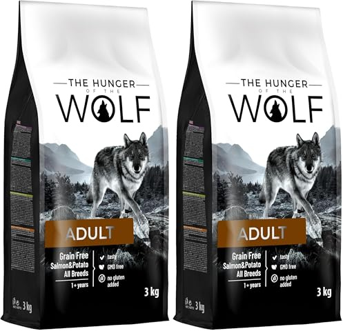 The Hunger of the Wolf Croquettes pour Chiens Adultes de Toutes Races et Chiens allergiques, Formule délicate sans céréales avec Saumon et Pommes de Terre, 3 kg (Lot de 2)