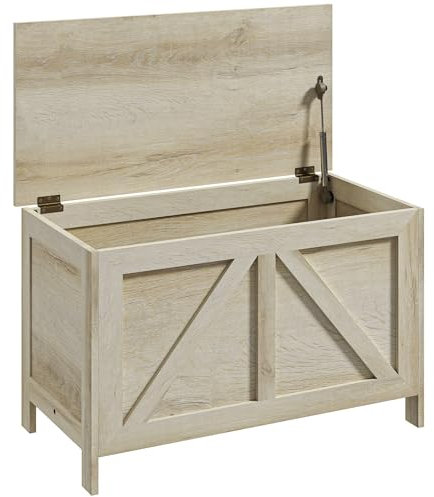 HOMCOM Coffre de rangement - couvercle relevable avec charnière de sécurité pour ouvrir à 100 °, coffre à jouet en bois pour couloir, chambre, salon - 76L x 39l x 48H cm bois naturel