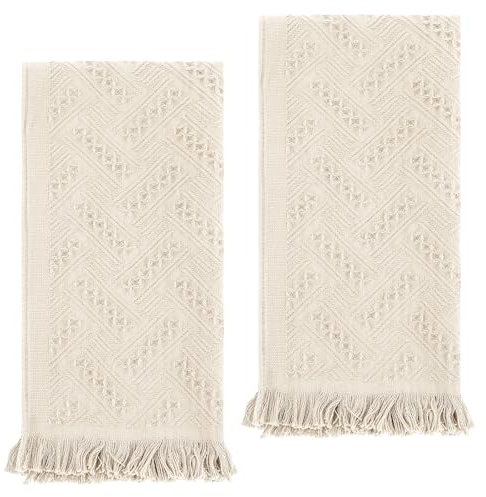 AOZUO 2 Pack Luxuriöse Dekorative Gästehandtücher, 30 x 70 cm Baumwolle Quaste Weich Saugfähig Handtücher für Badezimmer Küche, Hotel, Spa, Bauernhaus, Geschenk(Beige)