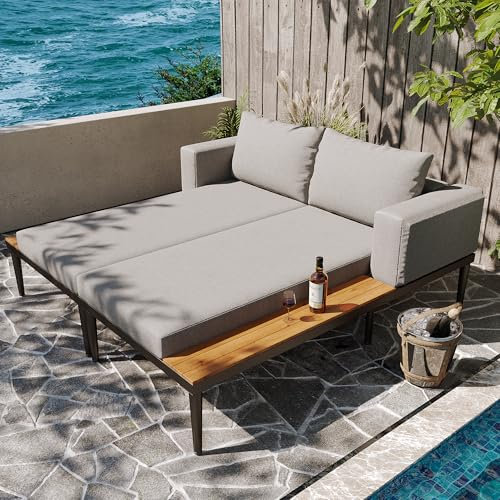 Kayan Lounge Möbel Outdoor Wetterfest, Gartenlounge 2 Sitzer mit Liegefunktion, Balkonmöbel Gartensofa mit faltbarem Sonnendach und Hocker, Gartenliege Doppelliege mit Seitenablagen (Grau, 2 Sitzer)