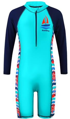 HUAANIUE Traje de baño de manga corta para niños de 3 a 12 años, traje de baño de una pieza azul marino, protección solar 50+, ropa de natación UPF cálida, disfraz deportivo de verano para surf, 108