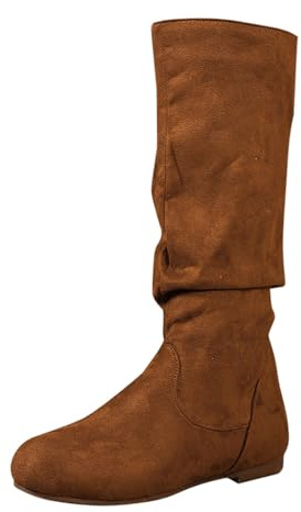 Momolaa UK 7.5 Women's Slouchy Mid Calf Boots Side Zip up Flat Boots Suede Fall Winter Spring Low Heel Slip on Casual Boot Khaki Footwear Clearance