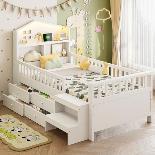 A ALFRESCOOL Kinderbett 90x200cm, Hochbett, Jugendbett, Einzelbett, Massivholzbett mit Sicherheitsgitter & Vier Schubladenlager und Schritten, mit LED-Leuchten & Lattenrost (Weiß)