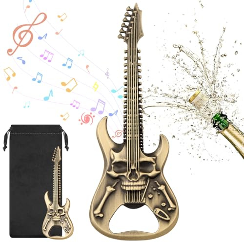 Guitare Crâne Décapsuleur, Bière Décapsuleur, Ouvre-bouteille en Forme de Guitare Crâne, avec Sac Cadeau, Bière Cadeaux de Fête, Noël, Fête des Pères, pour Hommes, Femmes, Amateur de Guitare, Bronze