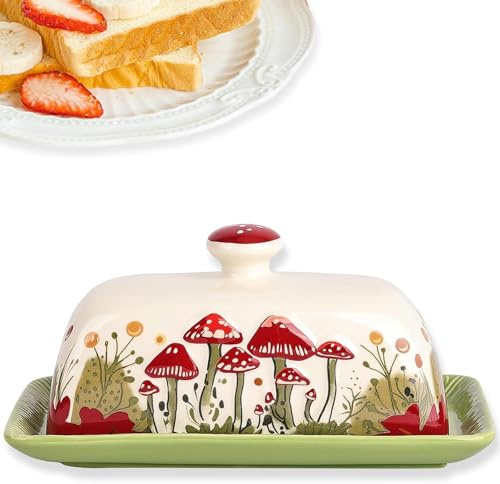 Beurrier Vert avec Couvercle, Beurrier en Céramique avec Plateau, Joli Beurrier Champignon pour Conservation du Beurre, Boîte à Beurre Décorative pour Cuisine et Cadeau, Vert, 19 x 10 cm