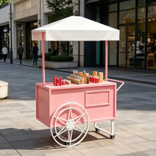 STCERY Carrito De Venta Ambulante, Expositor Comercial De Alimentos con Toldo, Organizador De Almacenamiento Móvil, para La Venta De Aperitivos, Juguetes Y Pan