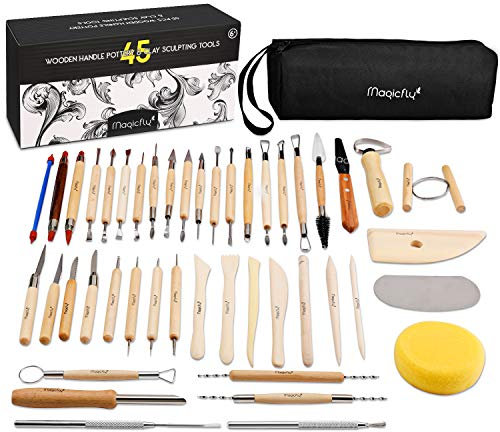 Magicfly 45 Stück Töpferwerkzeug, Skulptur, Ton, Meißel, Modellierung, für Töpfer, Keramik, DIY-Künstler, mit Aufgerüstet Aufbewahrungstasche 2.0