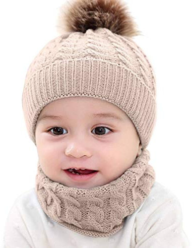 CheChury Warme Winter Mütze Schal Kinder Sets Baby Mädchen Beanie Hut Jungen Strickmütze mit Bommel Babymütze Schlupfmütze für 0-3 Jahre Kinder-A-Beige-One Size