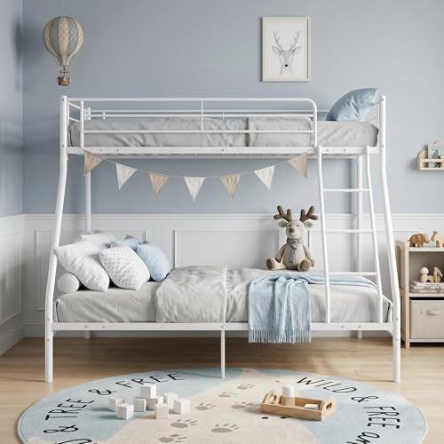 Panana Triple Sleepers Metal Bunk Bed Frame Top 3FT Single Bottom 4FT6 Double Bed Bedroom Dorm Apartment Furniture for Adults Twins Teenagers Children (White)