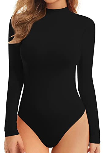 MANGOPOP Long Sleeve Double Lined Bodysuit for Women Mock Turtle Neck Body Suit Tops