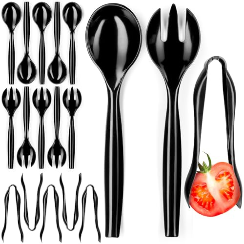 Disposable Plastic Serving Set - 18 Black Utensils, 6 Tongs, 10' Spoons, 10' Forks, Buffet & Party Use