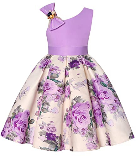 BUNNY LULU Girls Dress Sloping Shoulder Bridesmaid Wedding Princess Children's Bow Birthday Ball Party Show Evening Lavender, Lavender, 9-10 Years