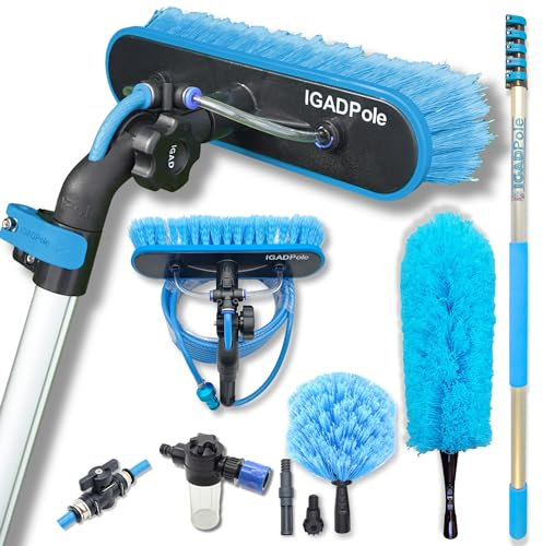 IGAD Pole 17ft(5m) Washing Kit: Water-fed Brush, Short Handle Brush and Garden hose tap; Window Cleaning Pole, Water Fed Telescopic Extendable Long Reach Cleaner Equipment, (IP153)