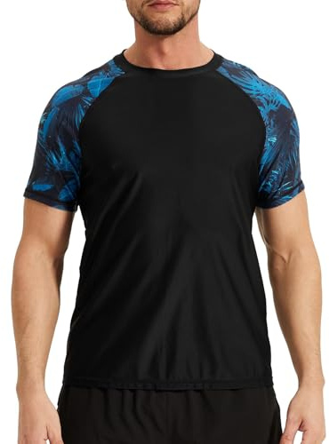 VAYAGER Magliette da Uomo per il Nuoto, Rash Guard con Protezione Solare UPF 50+, a Manica Corta, Top per Pesca e Surf, Piuma., Large