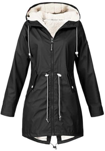 Gefütterte Regenjacke Damen Wasserdicht, Regenmantel Damen Gefüttert Warm,Winterjacke Damen mit Teddyfell Kapuze Outdoor Jacke Mantel Dicke Plüsch Wintermantel Softshelljacke Windjacke Regenmantel