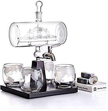Decanter per Whisky in Vetro con Bicchieri - Set di caraffa per Whisky a Botte da 1100 ml Set di Decanter per Alcol, con 4 Bicchieri da Whisky, per Brandy Vino Cognac Rum Gin 69Tranquillità