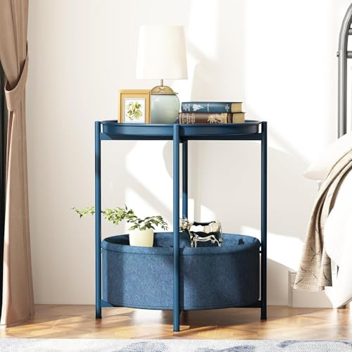 Huhote Small Round Coffee Table with Fabric Basket, 2 Tier End Side Table, Nightstand Storage for Living Room Bedroom, Modern Style, Blue