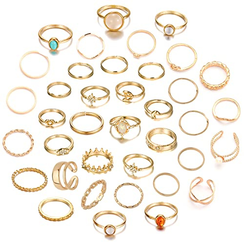 JewelryWe Ankelringar set för kvinnor: 38 stycken guldstapelbara fingerringar knuckle ringar set – vintage midi stapelbara ringar guldringar set för kvinnor flickor, Metall