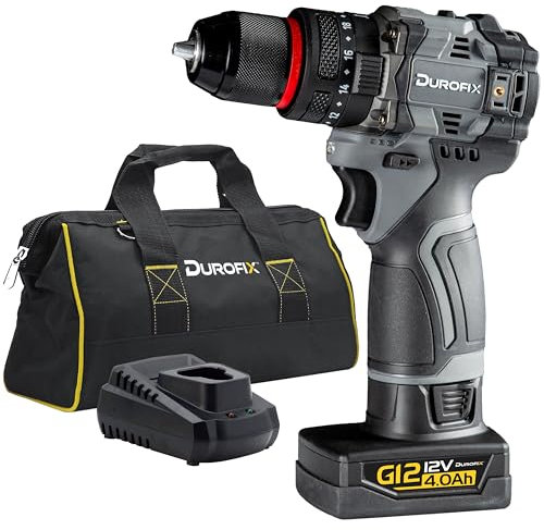 Durofix G12 Cordless Combi Drill Driver, 2 Speed Brushless Motor 1,800RPM, 50Nm 20+3 Torque Settings, 3/8 Keyless Chuck and LED Working Light (Includes 1 x 12V 4.0Ah Battery, Charger and Canvas Bag)