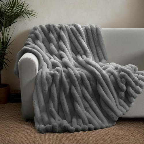 Topchances Cuddly Blanket, Fluffy Blanket, Fleece Blanket, Super Soft A/B Double Layer Fabric, 360 g and 180 g/m², Rabbit Plush Faux Fur Blanket, Sofa Blanket for Bedroom, Office and Sofa, Dark Grey,