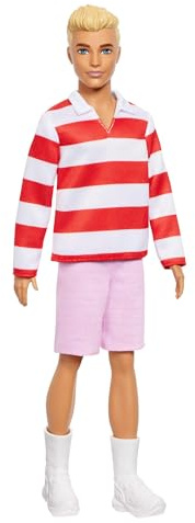 Barbie - Ken Fashionistas n. 241, bambola con capelli biondi, polo a righe bianche e rosse, shorts rosa, calze bianche e scarpe da ginnastica, giocattolo per bambini, 3+ anni, HYV01