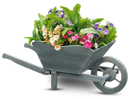 JYZ Wooden Wheelbarrow Planter - Rustic Garden Decor for Flowers & Plants, Outdoor Vintage Flower Pot for Patio, Yard & Balcony - Easy Assembly Firwood Garden Ornament