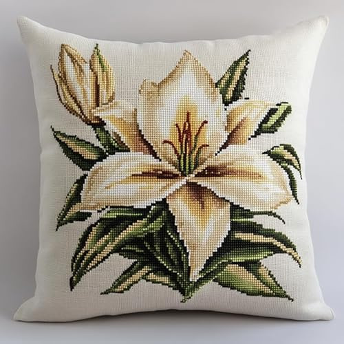 XDEGHUANGSS Kit DIY Artesanía de ganchillo, funda de cojín de sofá, 43 x 43 cm, funda de almohada bordada, conjunto creativo de lana para decoración de casa, flor de lirio