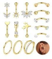 MILACOLATO 14 Pièces Piercing Rook Acier Inoxydable Femmes Plaqué Or Argent Arcade Sourcils Piercings Oreille Helix Daith Nez Anneau Labret Vertical Levre Acier Chirurgical Femme A