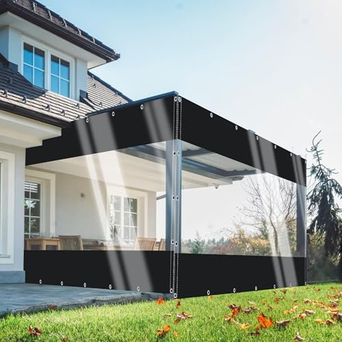 Cortinas impermeables de PVC para exteriores, para jardín, garaje, porche y cenador, resistente, 0,5 mm de grosor, con ojales, color negro transparente, tamaño: 2 m de alto x 6,8 m de ancho