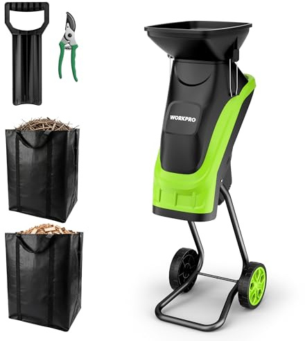 WORKPRO Electric Wood Chipper Shredder, 15-Amp 4300RPM Corded Leaf Mulcher, 1.73” Max Capacity, 14:1 Reduction Ratio, SK5 Dual-Blade System, Portable Garden Shredder with Wheels & Collection Bag