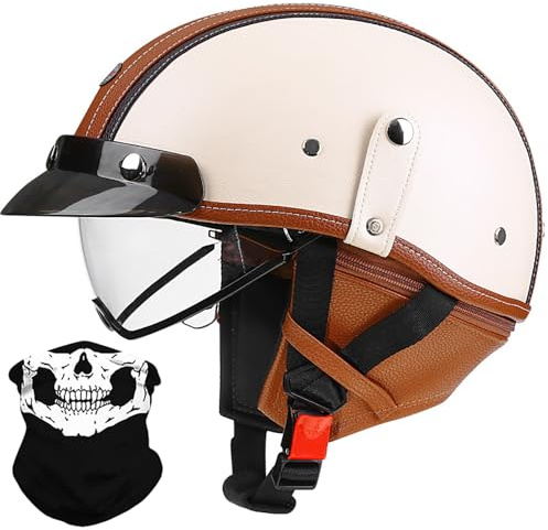 Medio Casco Moto Retro Casco Abierto Cuero Alemán, Hombres Mujeres Bike Cruiser Chopper Ciclomotor Scooter Casco Media Concha Vintage con Bufanda Desmontable, Aprobado ECE 57-64cm