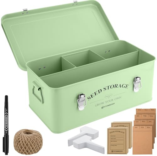 STOWBERRY Seed Storage Box Organiser – Garden Seeds Tin with Lid, Handles, 4 Compartments & Safety Lock – Seed Box for Gardeners with Over 200 Accessories – Perfect Gardening Gifts for Men and Women