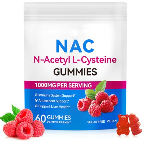 NAC N-Acetyl-Cysteine 1000mg Gummies, 60 Count | 30 Days Supply | N-Acetyl L-Cysteine Nutritional Supplements - Nac Supplement High Bioavailability Amino Acid for Skin & Hair