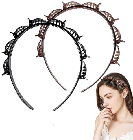 JRYXDS 2 diademas con pinzas para el pelo con pinzas trenzadas, doble flequillo estilo horquilla, clip para la cabeza (negro, marrón oscuro)