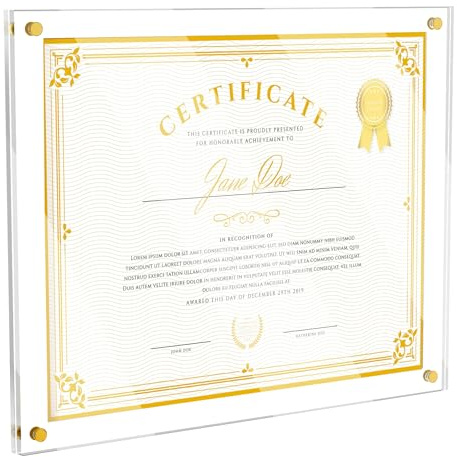 2 Pack 11X14 Acrylic Picture Frame for Wall, Clear Diploma Frames, No Drill Floating Frameless Photo Frame for Diploma Certificate Degree Document & Artworks Display, Graduation Gift for Students (2 Pack, Straight edge)