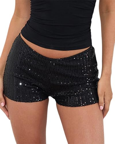 Kfsghdnz Women Y2K Sequin Mini Shorts Low Rise Elastic Waist Sparkle Glitter Sexy Hot Pants Party Rave Bottoms Aesthetic Streetwear (Black A, L)