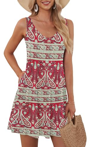 AUSELILY Vestido de Verano para Mujer Vestido de Playa sin Mangas | Vestido sin mangas con bolsillos Vestido básico con cuello en V Minivestido Por encima de la rodilla