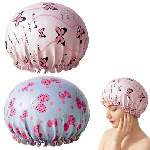 2 Pièce Bonnet De Douche Femme Réutilisable et Imperméable Charlotte Cheveux Douche Double Couche Elastique Bonnet Soin Cheveux, Protège les Cheveux Sous la Douche, au Spa, pour la Cuisine, le
