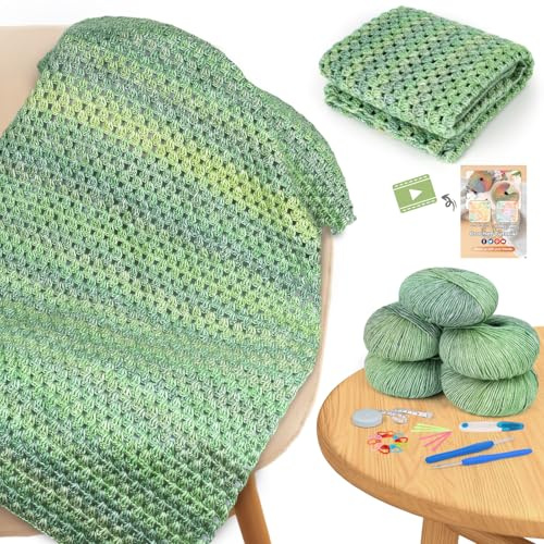 Aeelike Kit per coperta all'uncinetto, kit all'uncinetto per principianti e adulti con filati ombré, kit all'uncinetto con coperta a righe sfumate con guida video, kit per principianti e adulti