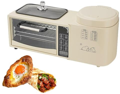 Stazione per la colazione 4-in-1, macchina per la colazione elettrica da 8L con forno, vaporizzatore e padella, 2 strati con controllo della temperatura indipendente, touchscreen digitale, beige