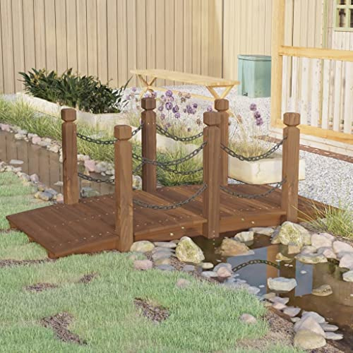 Kaloriko Pont de Jardin en Bois Massif épicéa avec Garde-Corps en chaîne, 150 x 67 x 56 cm, franchissement décoratif pour ruisseau Bassin étang Jardin Cour terrasse Paysage Romantique