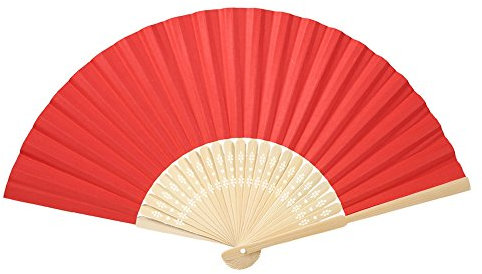 Handmade Folding Bamboo Fan DIY Handheld Blank Paper Fan for Wedding Party and Home Decoration(Red)