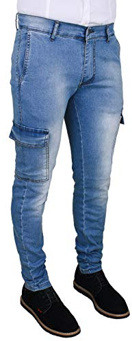 Evoga Jeans Uomo Cargo Blu Denim Pantaloni Tasche Slim Fit Skinny con tasconi Laterali (46, #A3 Denim Chiaro)
